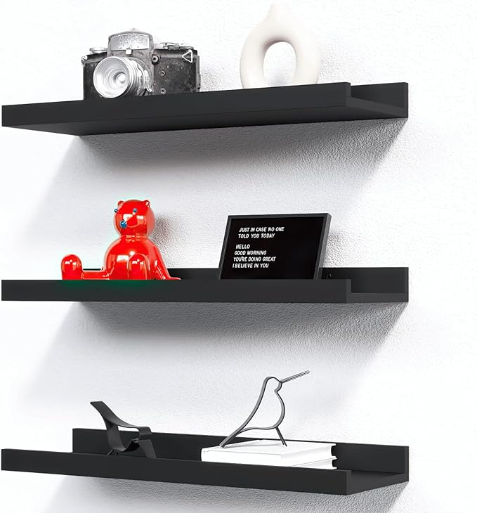 RICHER HOUSE 3 Set Floating Shelves for Wall, 16 inches Black Wall Mounted Shelves with Lip for Storage, Display Picture Ledge Shelf for Bedroom Bathroom Kitchen Living Room Decor, Modern Black