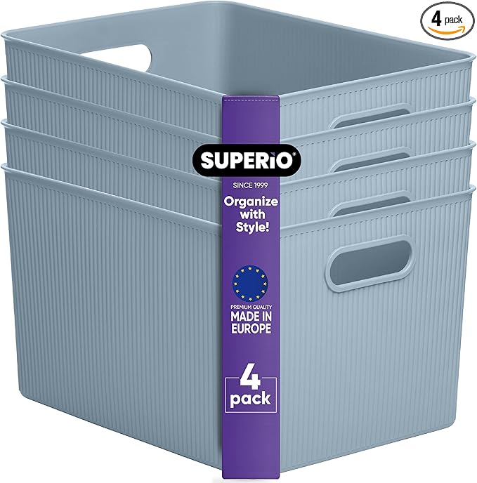 Superio Ribbed Collection - Decorative Plastic Basket Open Home Storage Bins Organizer, X-Large Blue (4 Pack) Container Boxes for Organizing Closet Storage Bins for Shelves 22 Liter/23 Quart