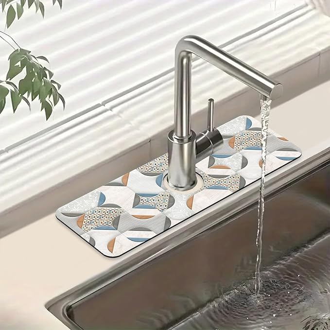 Ceramic Wall Tiles Sink Splash Guard Faucet Mat Moroccan Graphics Super Absorbent Fast Drying Mat Sink Gadgets-Splash Guard Behind Faucet Drip Catcher for Kitchen Bathroom, 15.5"x5.5"