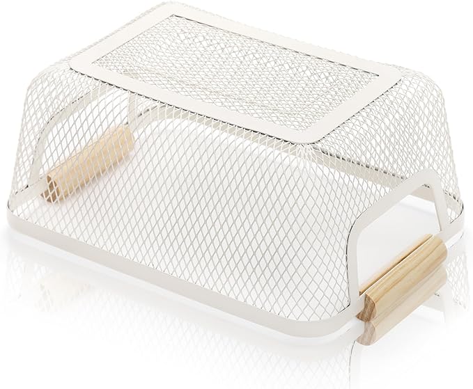 3 Pack Metal Mesh Baskets with Wood Handle, Iron Storage Organizer Basket, Cream White Wire Countertop Baskets for Organizing, Cabinet Pantry Closet Bedroom Kitchen(3 Size)