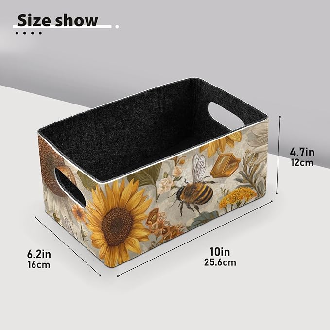 Closet Storage Bins 2 Pcs Felt Open Home Storage Containers Organizer with Handles Collapsible Shelf Basket for Home Office Craft Room Classroom Fabric Beige Dotty Bee Daisy Sunflower
