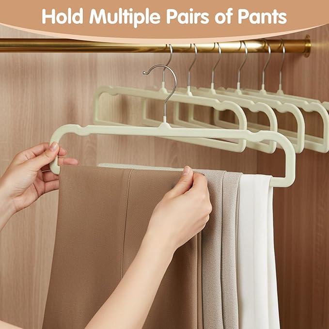 Velvet Pants Hangers Non Slip 20 Pack Beige Velvet Pant Hangers, Plastic Rectangular Slim Velvets Hanger with 10 Hooks for Jean, Bra, Shorts