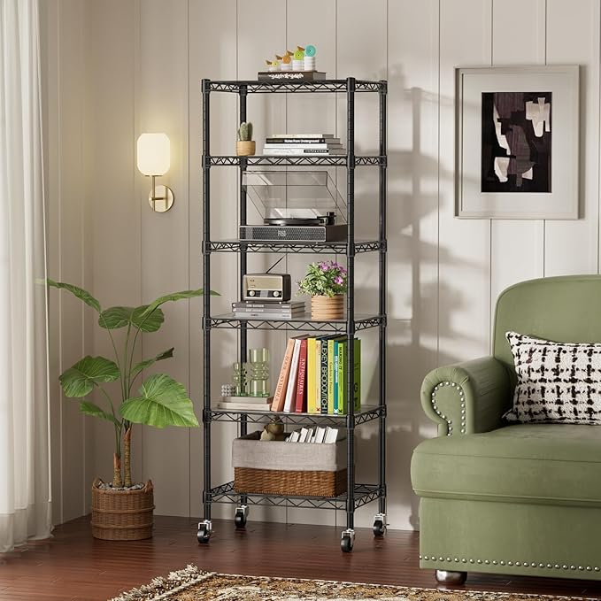 SINGAYE 6 Small Shelf Storage Wire Shelves Closet Bathroom Organizers Metal Pantry Kitchen Garage Shelving Unit Laundry Room Organization Home Narrow Rack Net Basket with Wheels Black