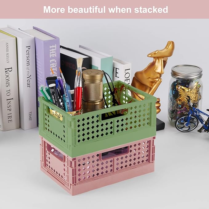 4-Pack Plastic Baskets for Shelf Storage Organizing, Durable and Reliable Folding Storage Crate, Ideal for Home Kitchen Classroom and Office Organization, Bathroom Storage (9.8 x 6.5 x 3.8 inches)