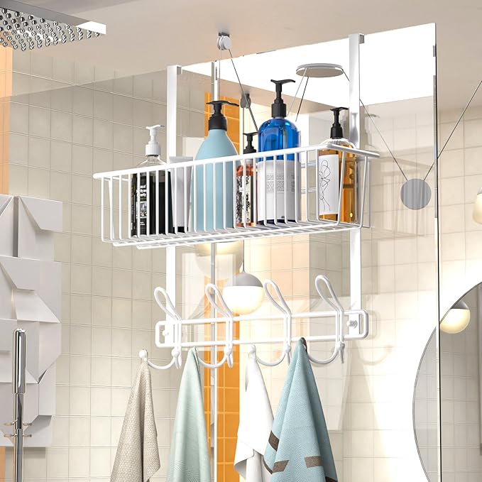 Kaiferty Over The Door Hooks Organizer,Door Hanger Door Storage with Basket,Over The Door Towel Rack Coat Hooks with 12 Hooks,for Bathroom,Bedroom,Kitchen,Office,Apartment(White)