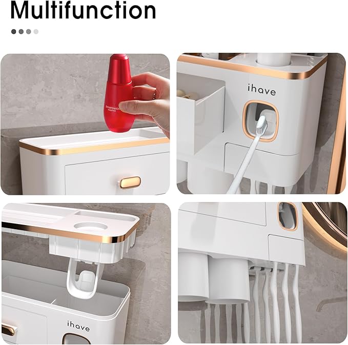 iHave Toothbrush Holders Wall Mounted with Toothpaste Dispenser & 2 Cups - Premium White and Gold Design for Bathroom Decor, All-in-One Bathroom Organizers & Storage for Toothbrushes and Accessories