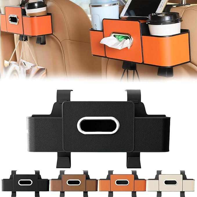 3-in-1 Car Back Seat Organizer with Cup Holder, Multifunctional Car Seat Back Organizer and Storage Box, with 2 Cup Holders, Tissue Box and Hook, for Hold Phone,Snacks, Drinks, Handbag (Black,2PCS)