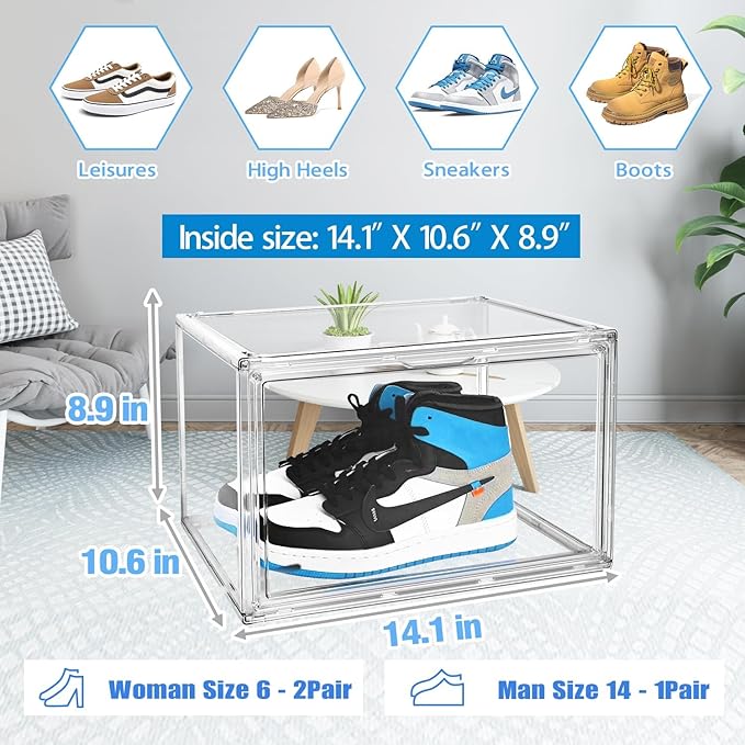Size 14 Acrylic Sneaker Shoe Display Case, Transparent Shoe Box Storage Bins Clear Plastic Stackable Boot Handbag Organizer Containers with Lids for Shoes, Figure, Collectible, Purse, 1Pack