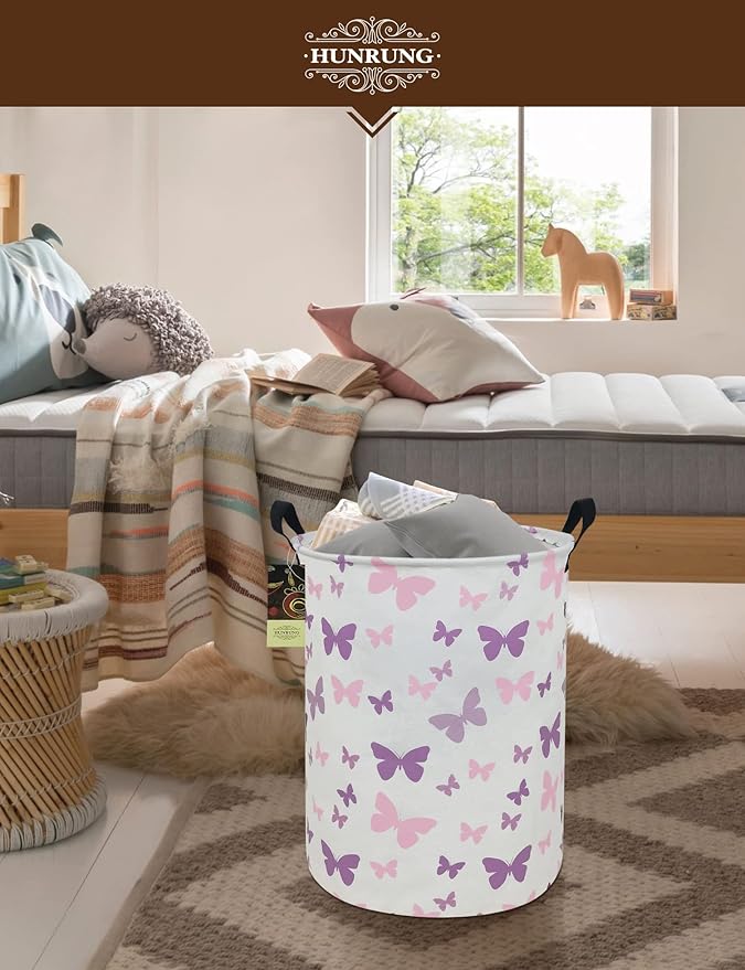 HUNRUNG Laundry Hamper,Large Canvas Fabric Lightweight Storage Basket Toy Organizer Dirty Clothes Collapsible Waterproof for College Dorms（Round-Butterfly）