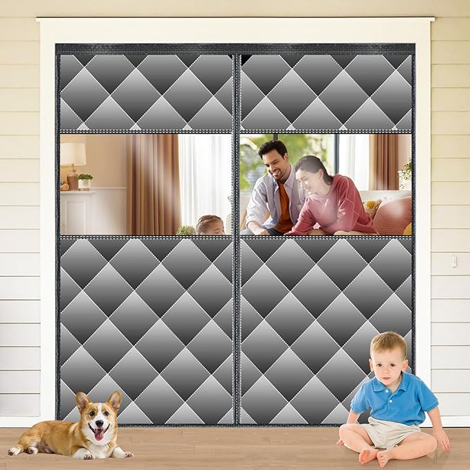 Magnetic Thermal Insulated Door Curtain with Detachable Visible Windows, Thicken Polyester Fiberfill & Durable Oxford Fabric, Hands Free Windproof Door Screen, Fit Doors Size Up to 72 x 80 Inch, Grey