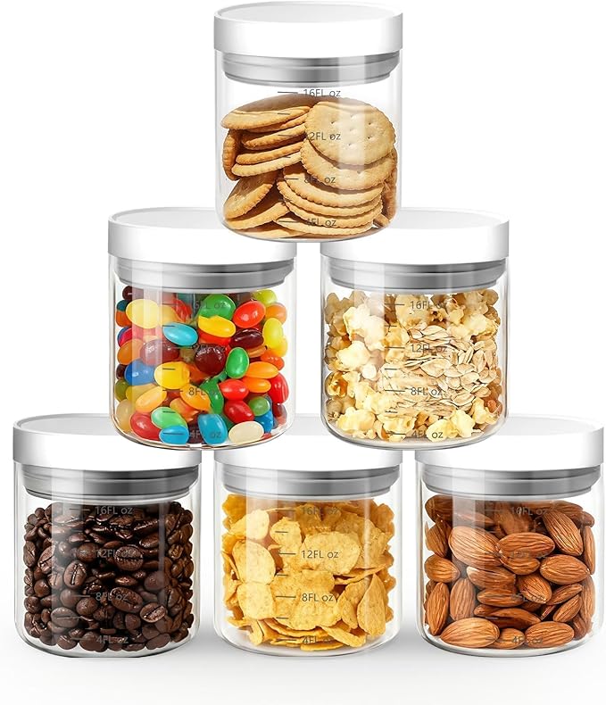 Danbark Set of 6 18oz Airtight Glass Storage Canisters with Lids - Pantry Organizers and Storage Glass for Kitchen - for Pantry, Flour, Sugar, Coffee, Tea, Pasta, Rice, and Snacks - White