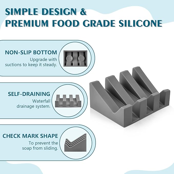 Self Draining Soap Dish,Silicone Suction Cup Soap Holder, Bathroom Soap Dish for Bar Soap,Can Extend Soap Life,Bathroom, Bath Tub, Kitchen Sink Grey - 3 Pack