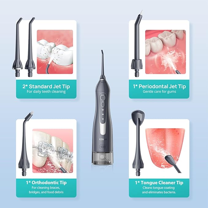 COSLUS Water Dental Flosser Teeth Pick C20(F5020E): Portable Cordless Oral Irrigator 300ML Rechargeable Travel Irrigation Cleaner IPX7 Waterproof Electric Flossing Machine for Teeth Cleaning, Grey