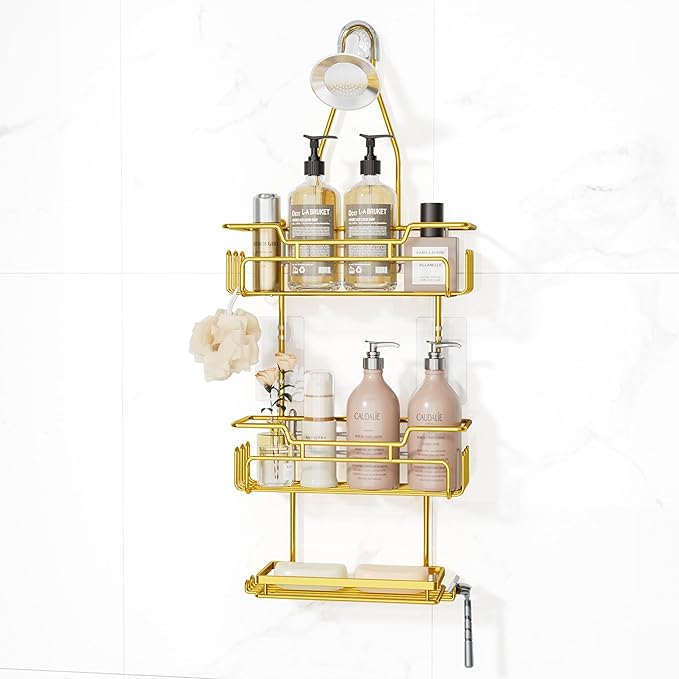 SWTYMIKI Bathroom Shower Caddy Hanging - 3 Tier Rustproof Over Shower Head Organizer, No Drilling Bathroom Shelf with 16 Hooks & Soap Holder, Anti-Swing Rack for Shampoo,Sponge,Towel, Gold