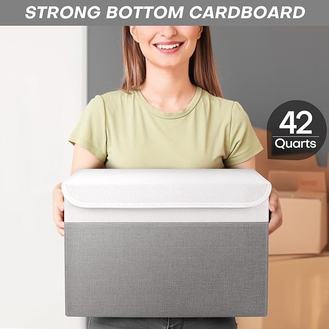 Large 17" 42 Quarts Collapsible Stackable Storage Bins with Lids [3-Pack] Foldable Fabric Linen Storage Boxes Cube, Closet Organizer Baskets with Label (16.7 x 12 x 12, Gray & White)