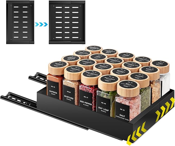 Pull Out Spice Rack Organization for Cabinet, Slide Out Expandable Spice Organizer, Adjustable Spice Cabinet Organizers, Cabinet Size Need: 2.4" Highx10.6" Deepx(6" to 8.2")Wide, Hold 20 Spice Jar