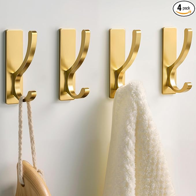 pickpiff Adhesive Wall Hooks for Towels - Sticky Hook Hanging Heavy Duty (13lb), Hanger for Door, Bathroom, Dorm, Closet - for Coats, Purse, Bag, Robe - No Damage to Wall - Gold 4 Pack