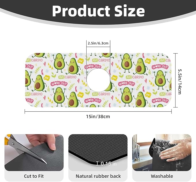 Cute Green Avocado Avocados Kawaii Kitchen Sink Splash Guard Faucet Mat Super Absorbent Fast Drying Mat Sink Gadgets-Fast Drying Pad Sink Mat For Kitchen Bathroom (15" X 5.5" )
