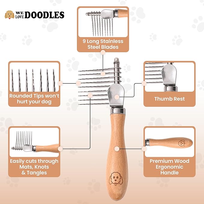 We Love Doodles Small Dog Dematting Rake & Small Slicker Brush - Detangler Brush For Dogs, Comb Tool For Grooming, Pet Grooming Detangler Pin Dog Brush, Dog Slicker Brush for Pet Hair
