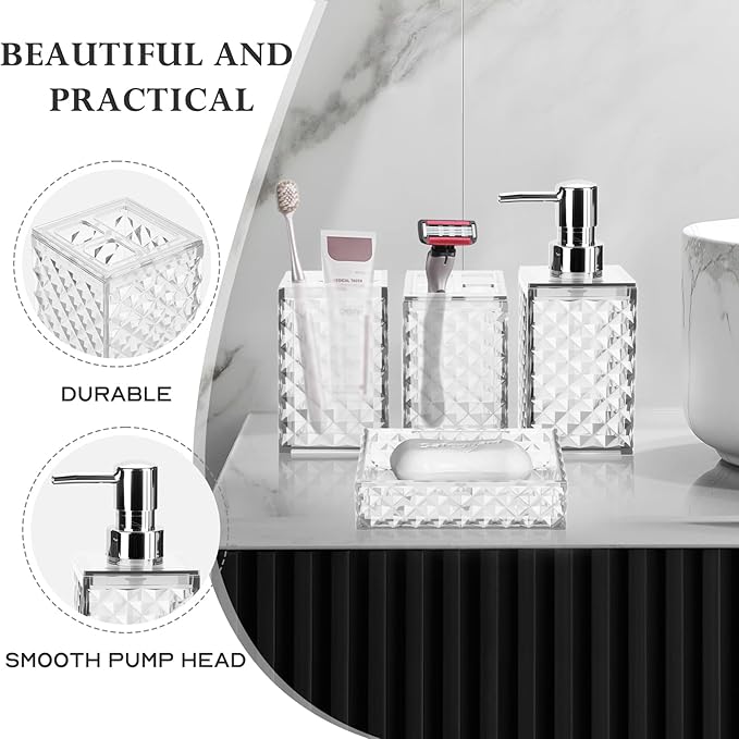 Bathroom Accessory Set, Grid Pattern 4 Pcs Plastic Bathroom Set Include Soap Dispenser, Soap Dish, Toothbrush Holder, Mousewash Cup, Modern Bahtroom Décor Set(White)