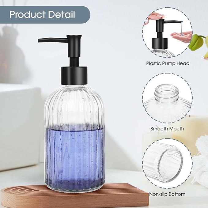Topsky 2 Pack Glass Soap Dispenser with Plastic Pump, 400ml Liquid Hand Soap Dispenser, Rustproof Pump for Kitchen & Bathroom, Great for Lotions, Essential Oil, Liquid Soaps,Transparent