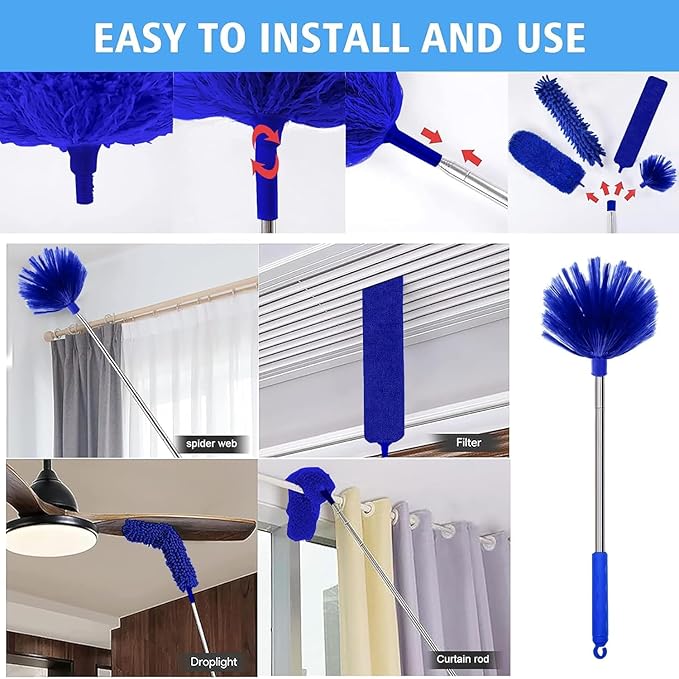 Ceiling Fan Cleaner Dusters for Cleaning 6-in-1 Kit, Cobweb Duster with Extension Pole, 100 Inches High Ceiling Fan Blade Cleaners with 5 Reuseable Dusting Heads for Windows and Blinds- Blue