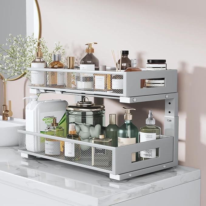 2 Packs 19IN Depth Under Sink Organizer, 2-Tier Pull Out Cabinet Organizer With Smooth Circular Rail, Large Capacity Metal Mesh Sliding Drawers For Bathroom& Kitchen Storage,Height Adjustable–Gun Gray