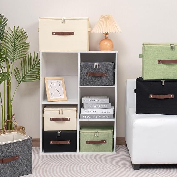 Storage Bins with Zipper Lid Foldable Fabric Lidded Storage Boxes Baskets Cubes Washable Collapsible PU Leather Handle Cotton Linen Fabric Shelf Closet Organizer Container(Gray, Large Size)