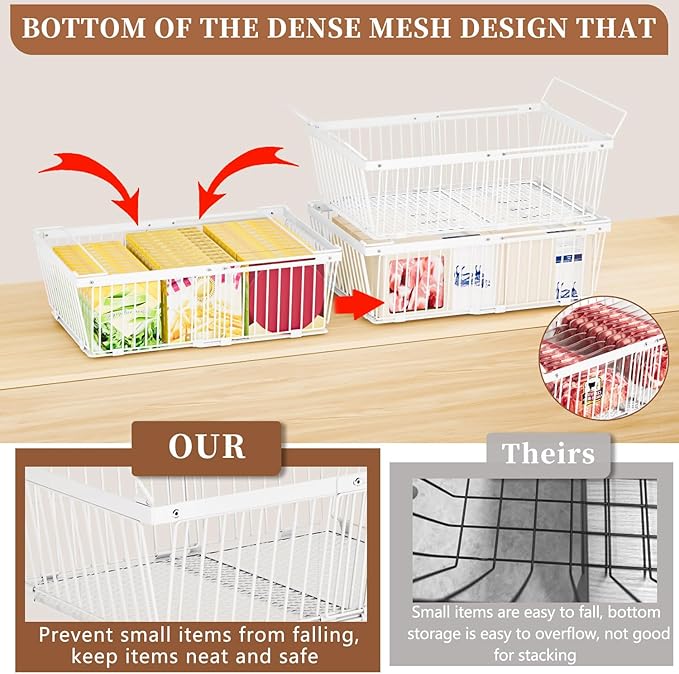 Large Freezer Organizer Bins，Upgraded Bottom Leak-Proof net，3 Pack， Expandable Stackable Chest Freezer Containers with Handle，for Fridge, Deep Freezer, Cabinet, Kitchen, Pantry (White-3Pack)