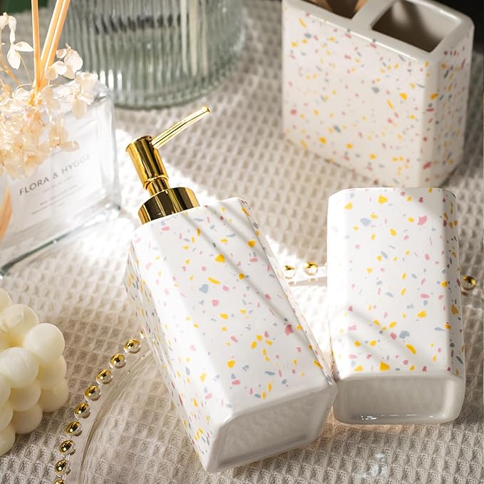 4 Piece Bathroom Accessories Set - Modern Terrazzo Pattern Includes Lotion Dispenser, Toothbrush Holder Tumbler, and Soap Dish - Glossy Finish