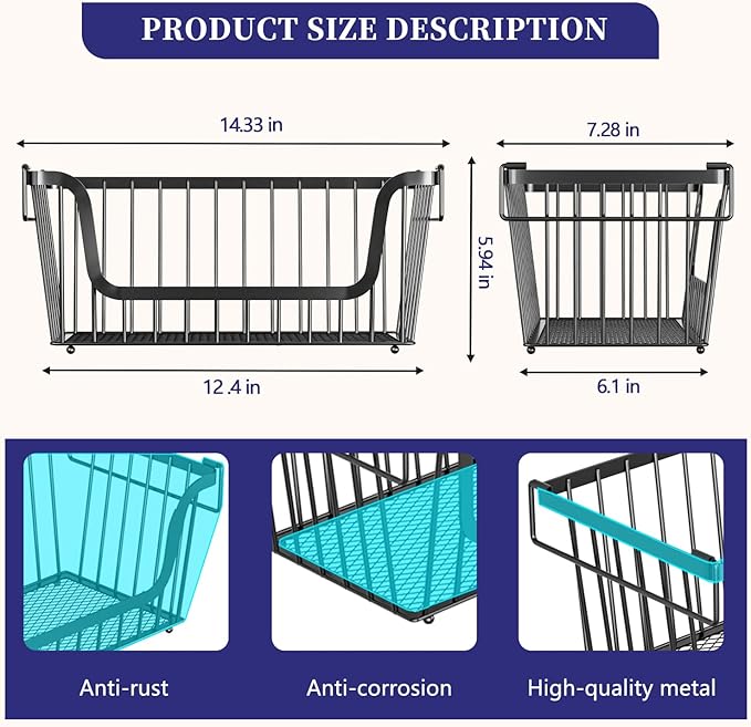 6 Pack Enhanced Leak-Proof Bottom Stackable Wire Baskets, Pantry Organizers and Storage, pantry storage，Shelf Baskets, Fruit Basket, Potato and Onion Storage Bins，(Black)