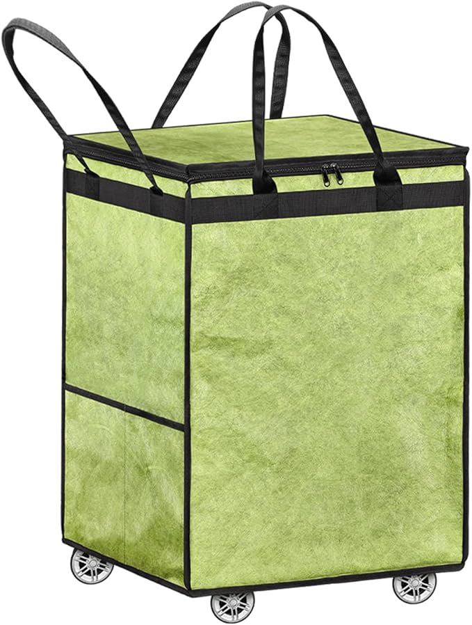 Boczif Large Laundry Basket Hamper Bag, Reusable Grocery Bag Collapsible Cart with Wheels and Handle, Rolling Tote Shopping Bags Storage Organizer for Clothes & Groceries, Trip, Sports, Picnic (Green)