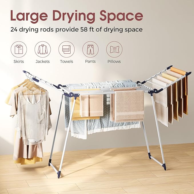 APEXCHASER Clothes Drying Rack Foldable, Large Drying Rack Clothing, Winged Laundry Rack Folding Indoor Outdoor, Metal Clothes Airer for Bedding Towel Sweater Heavy Duty, 68.9" X 22" X41.3", White