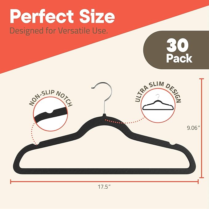 Black Velvet Hangers 30 Pack – 360° Swivel Hook, Non-Slip and Space Saving Hangers, Heavy-Duty 11 lbs Weight Capacity - Smooth Velvet Finish for Crease-Free Clothes and Effortless Closet Organization