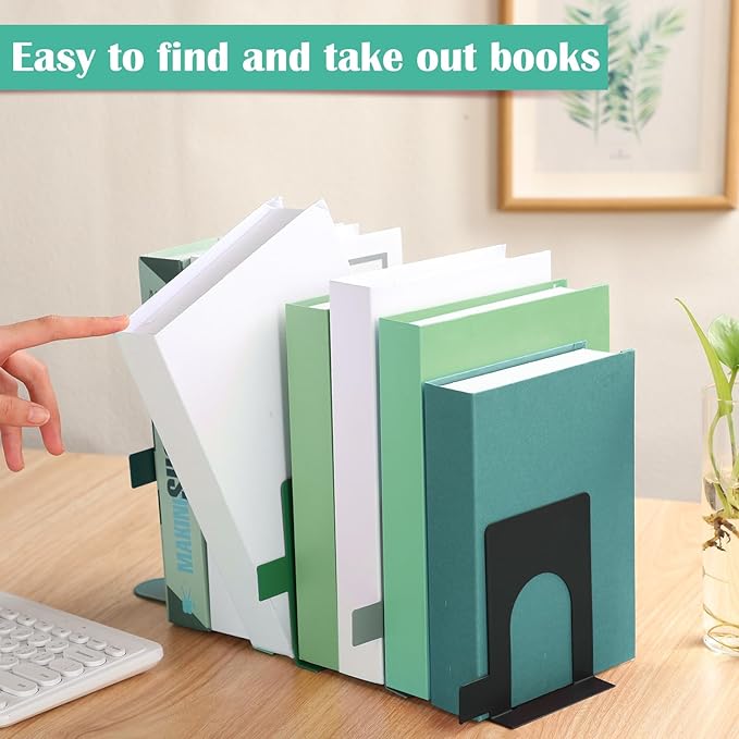 5 Set Metal Book Ends for Shelves Book Shelf Dividers Library Shelf Marker Bookends Stopper Colorful Office Stand Holder for Heavy Books Desk Home Movies Kitchen Cds(Gray Green)