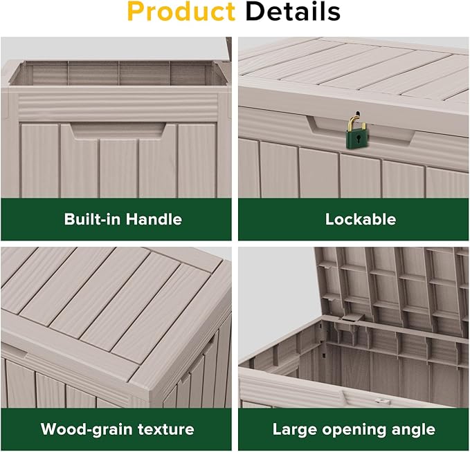 Outdoor Storage Box Waterproof, 45 Gallon Lockable Resin Deck Box Large, Patio Storage Bin for Pool Accessories Cushion Furniture, Garden Tools, UV-Resistant Outside Delivery Light Coffee