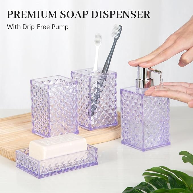 Bathroom Accessory Set, 4 Pcs Plastic Bathroom Set Include Soap Dispenser, Soap Dish, Toothbrush Holder, Mousewash Cup, Modern Bahtroom Décor Set, Space Save for Bathroom(Light Purple)
