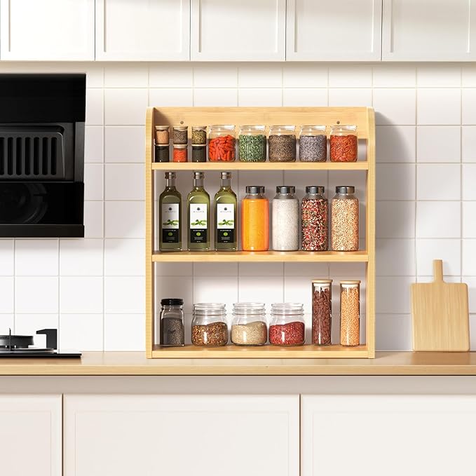 3 Tier Bamboo Spice Rack, Countertop or Wall Mounting Wood Spice Jars Organizer Shelf for Kitche, Pantry (Natural)