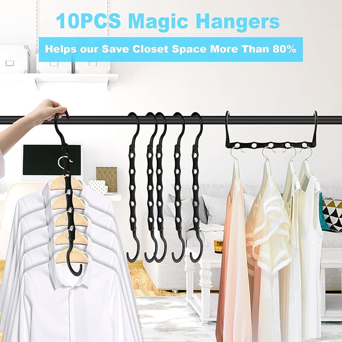 DUCOO 10 PCS Space Saving Hangers, 5-Hole Magic Hangers - Sturdy Plastic Hanger, Closet Organizers for Clothes Storage, College Dorm Essentials, Home Organization (Black)