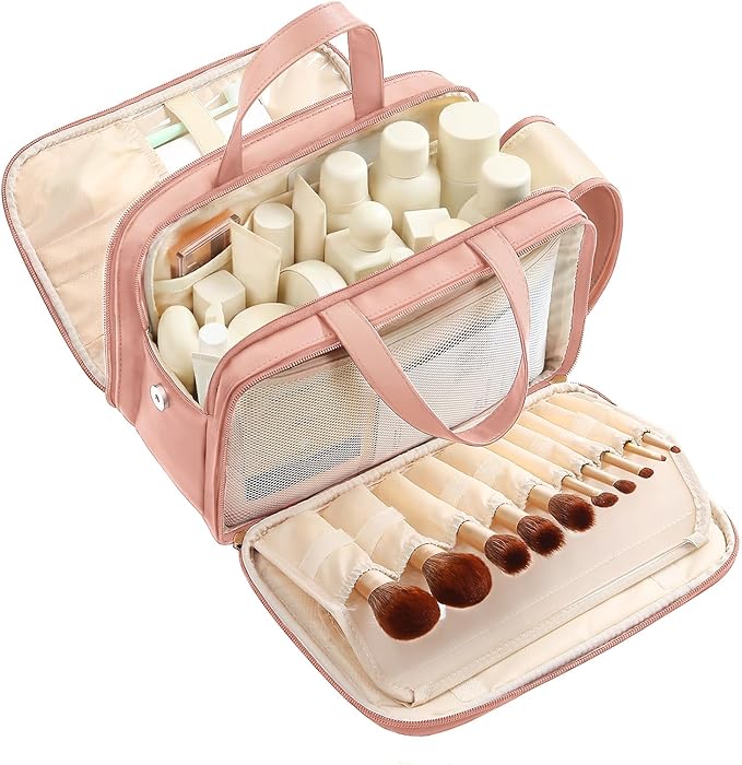 Large Travel Makeup Bag for Women with Luggage Sleeve and Reinforced Dual Handles, Featuring 10 Independent Elastic Brush Slots and 25 Pockets, Large Capacity Waterproof Cosmetic & Toiletry Organizer