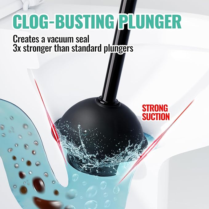 4PACK 3 in 1 Toilet Brush and Plunger Set with Crevice Cleaning Brush, Toilet Plunger and Brush Set with Extra Long Handle, Plungers for Bathroom Accessories, Toilet Plunger with Holder, Black