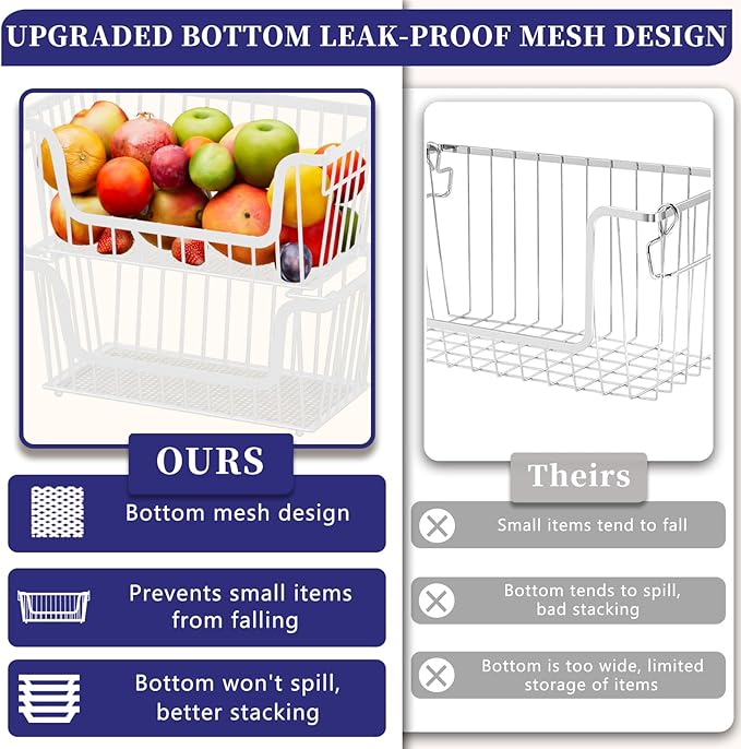 5 Pack Enhanced Leak-Proof Bottom Stackable Wire Baskets, Pantry Organizers and Storage, pantry storage，Shelf Baskets, Fruit Basket, Potato and Onion Storage Bins，(White)