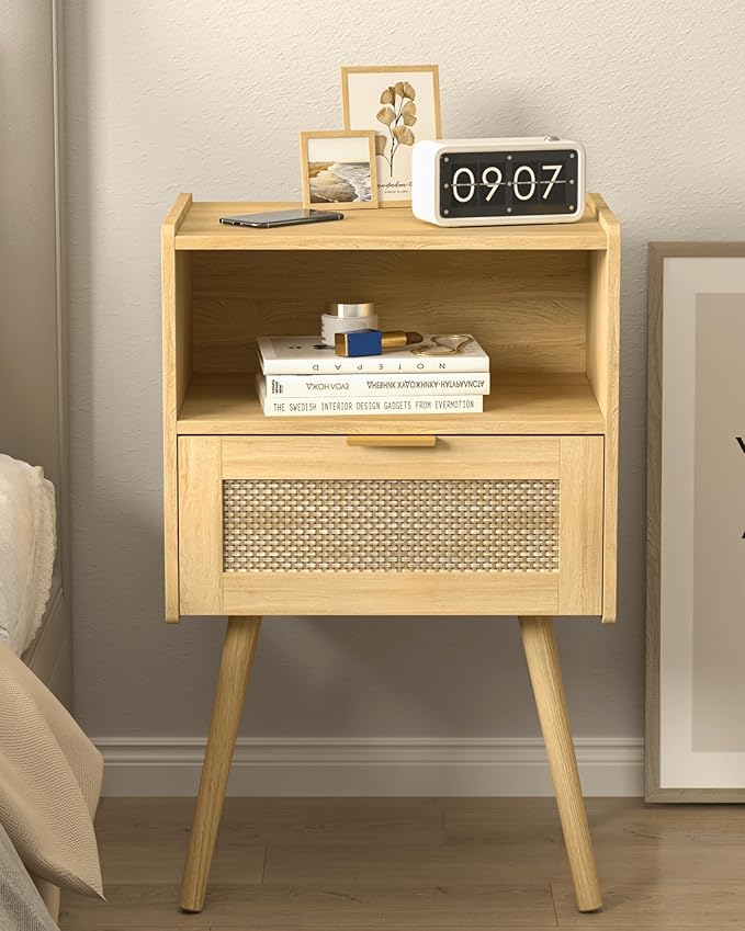 Veegle Rattan Nightstand,Modern Bedside Table with Storage Drawer and Open Wood Shelf, for Living Room, Bedroom and Small Spaces, Accent Night Stand with Solid Wood Legs, Easy Assembly,(Oak)