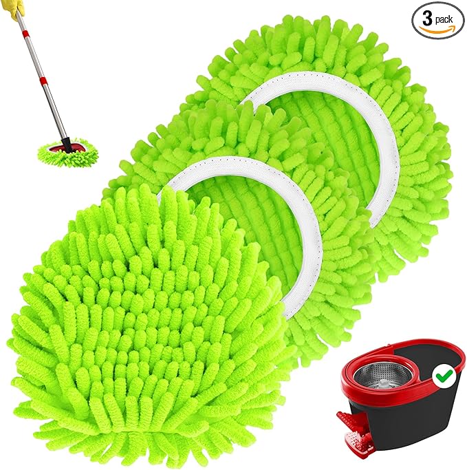 Baderke 3 Pack Mop Heads Replacements Compatible with 1 Tank System Duster Replacement Heads Microfiber Spin Mop Refill Pads Reusable Dust Refills for Floor Cleaning (Green)