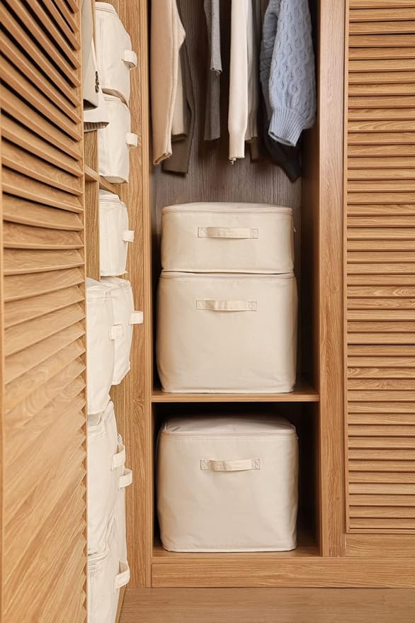 Decorative Basket Rectangular Fabric Storage Bin Organizer Basket with Handles for Clothes Storage (14.1 x 14.1 x 12.5, Beige)