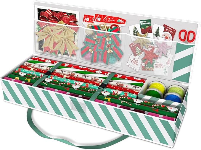 Safana Wrapping Paper Organizer Storage Bag, 42" Durable 600d Oxford Wrapping Organizer Box Under Bed Storage Containers for Decorations Paper Rolls, Ribbons, Balls, Bows (Green Stripe)