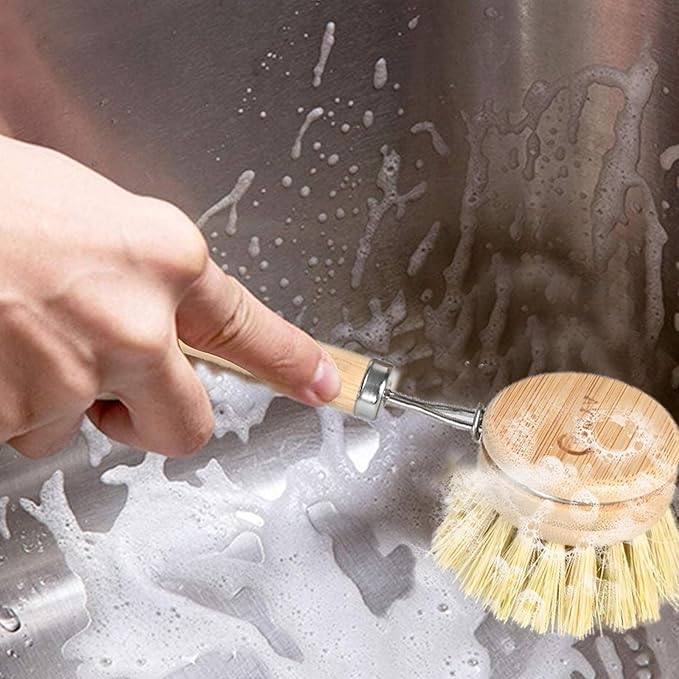 Bamboo Dish Brush with Handle - Soft Bristle, Eco-Friendly Vegetable Brush Scrubber for Food, Compostable & Sustainable, Bamboo Dish Scrubber for Cleaning Kitchen Utensils