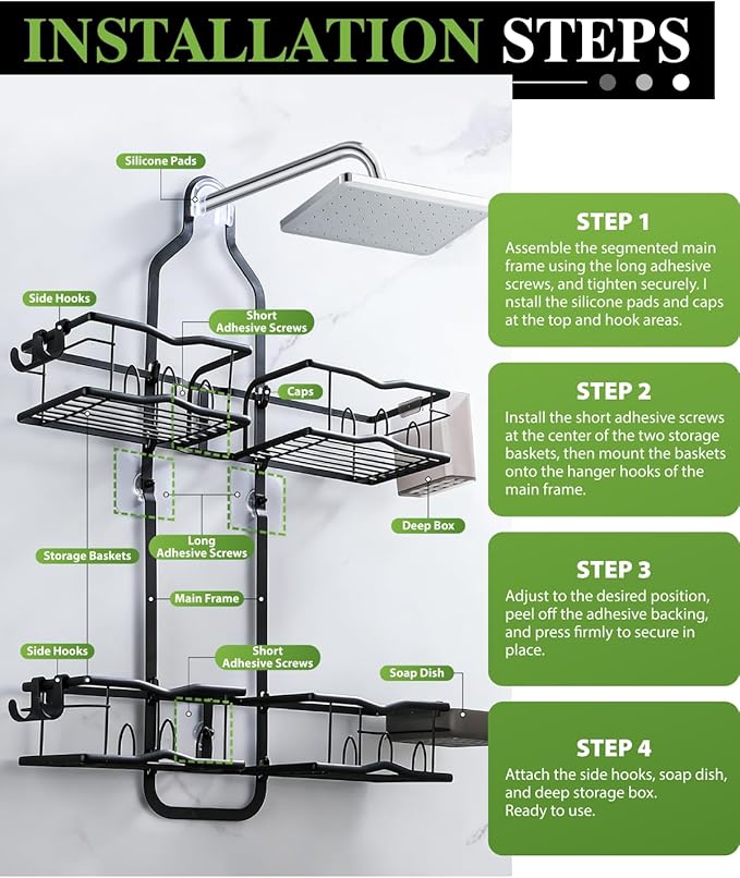 Shower Caddy Hanging – Rustproof Shower Organizer Hanging for Inside Shower – Over the Showerhead Rack with Soap Holder & Razor Hooks, No Drilling Bathroom Shower Shelves and Storage, Black