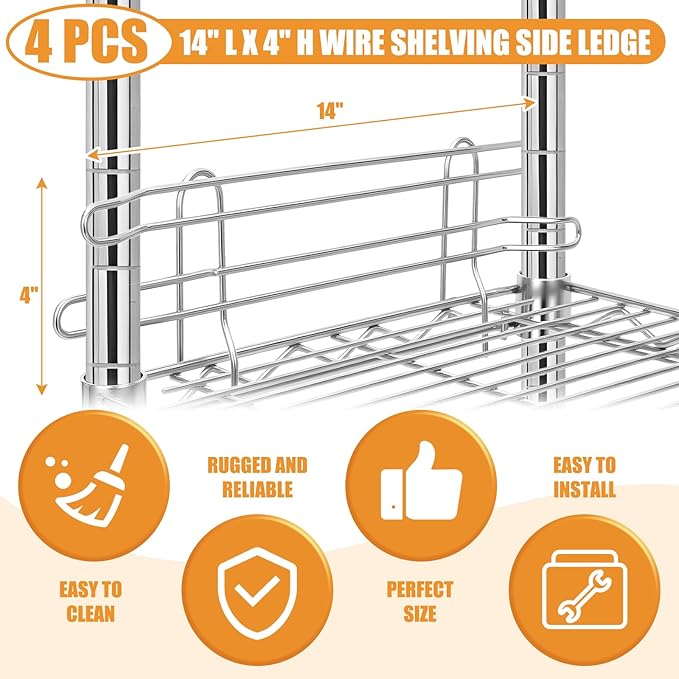 4 Pcs Chrome Wire Shelf Ledge 14" L x 4" H Wire Shelving Side Ledge Metal Shelves Accessories Pantry and Garage Storage (Silver)