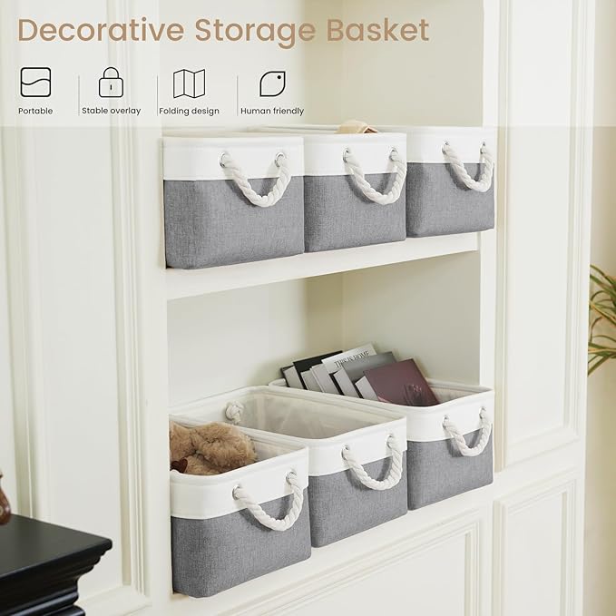 Storage Baskets for Shelves 13.8x9.8x6.7 Inch, Foldable Fabric Storage Bins with Handles, Small Storage Baskets for Organizing Closet, Office, Home Organization (1-Pack, White&Gray)